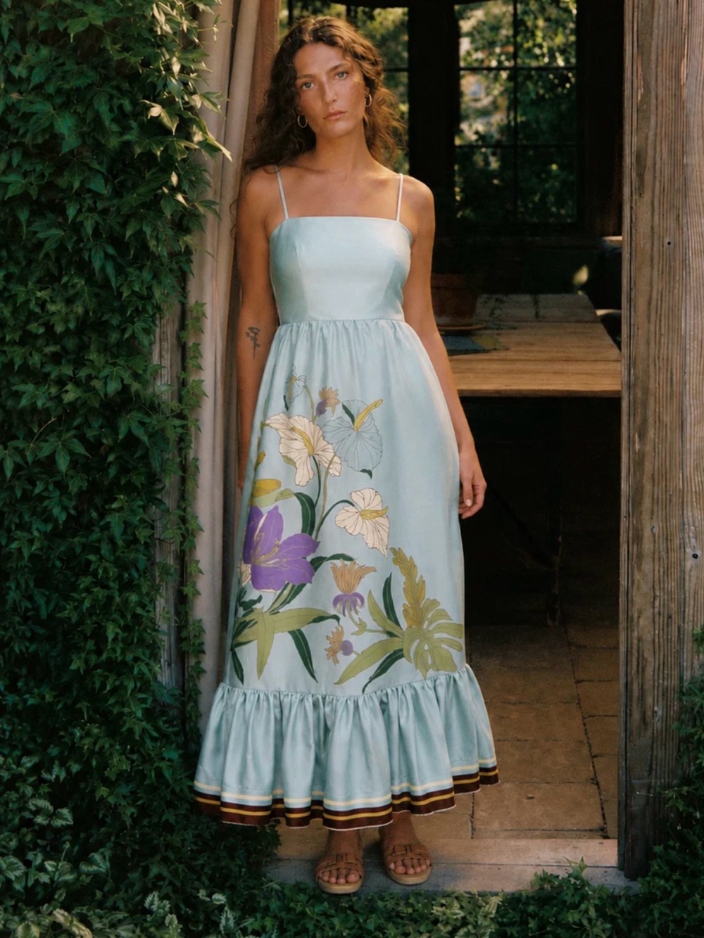 Sage Blue Floral Maxi Dress with Ruffle Hem